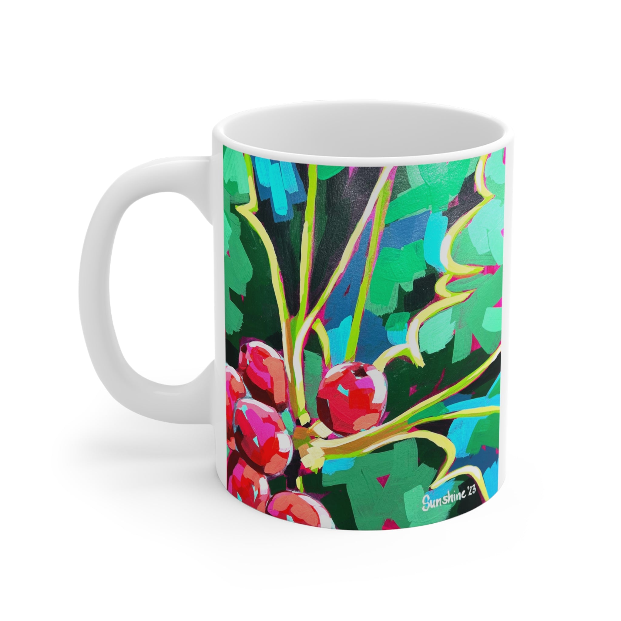 Holiday Holly Ceramic Mug 11oz — Festive Red Berries & Green Leaves Coffee Cup