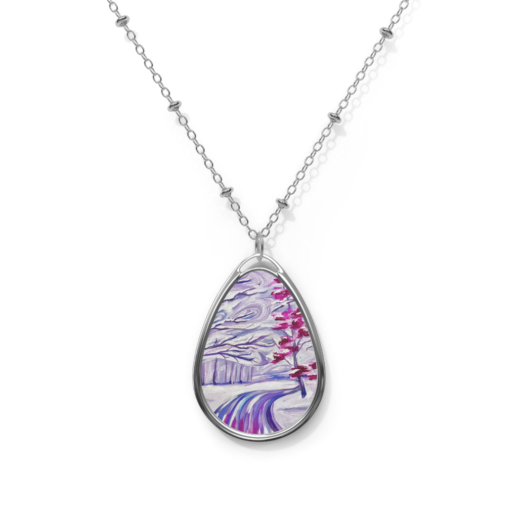Oval Pendant Necklace — Purple Winter Landscape Teardrop Necklace