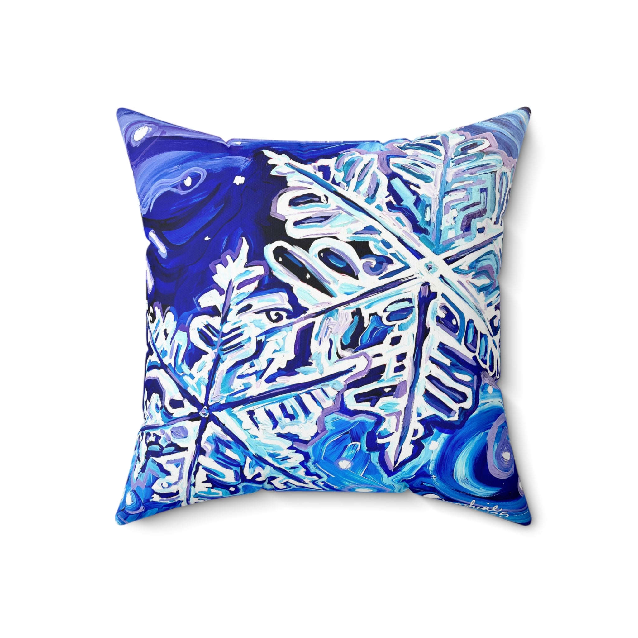 Blue Snowflake Pillow | Winter Snow Crystal Decorative Pillow