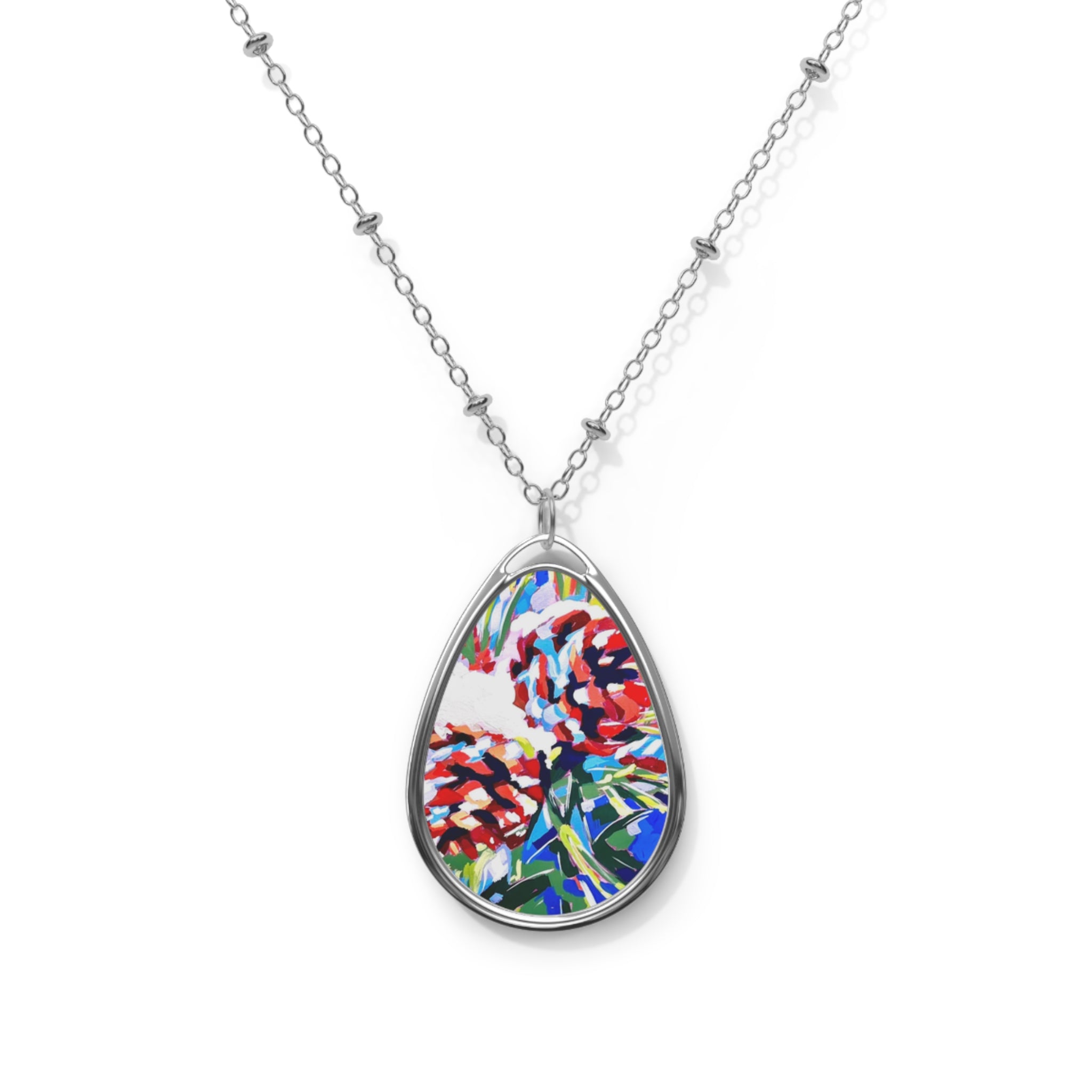 Snowy Pinecones Oval Pendant Necklace — Colorful Winter Teardrop Locket