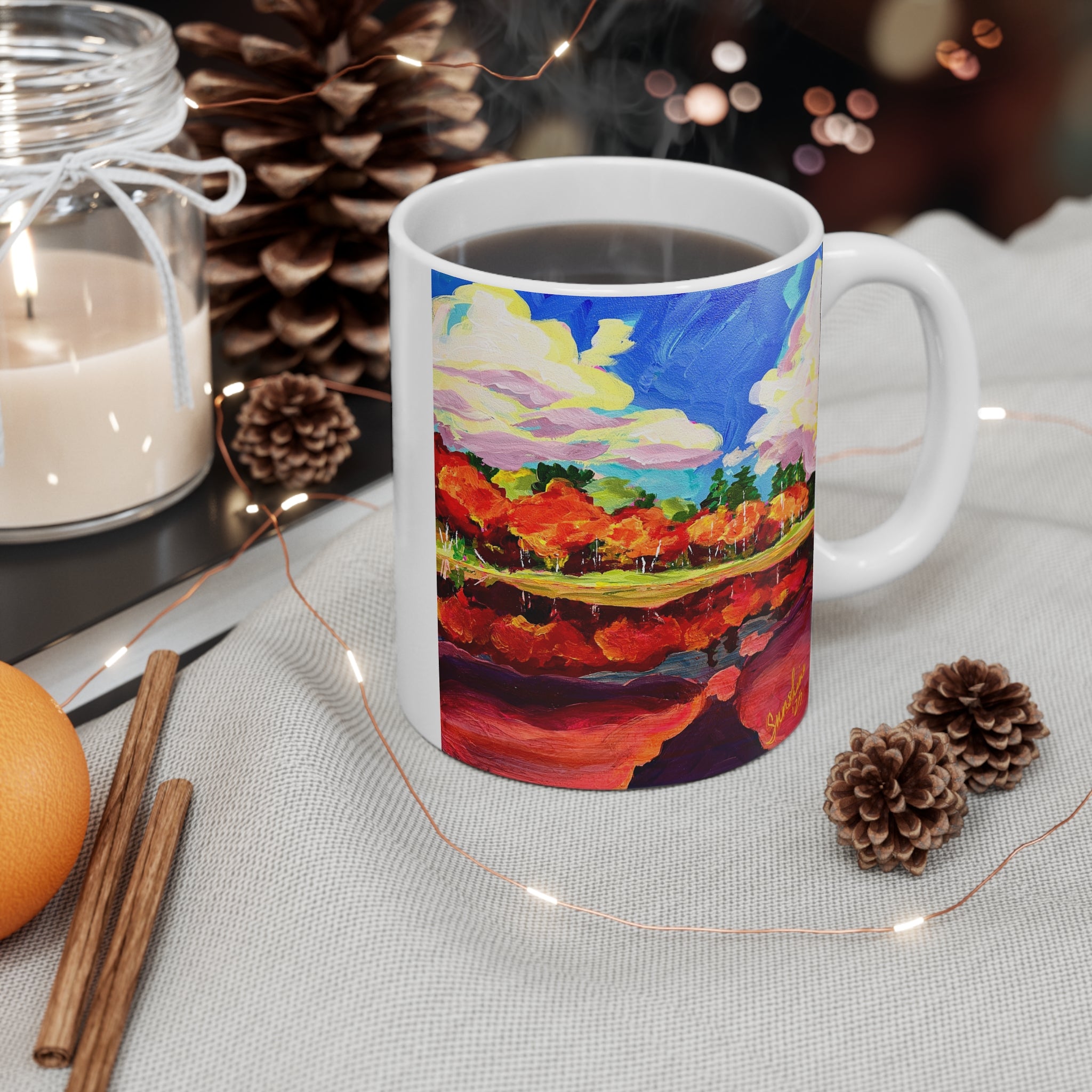 Autumn Lake Reflection Mug | Colorful Fall Landscape, Painted Trees