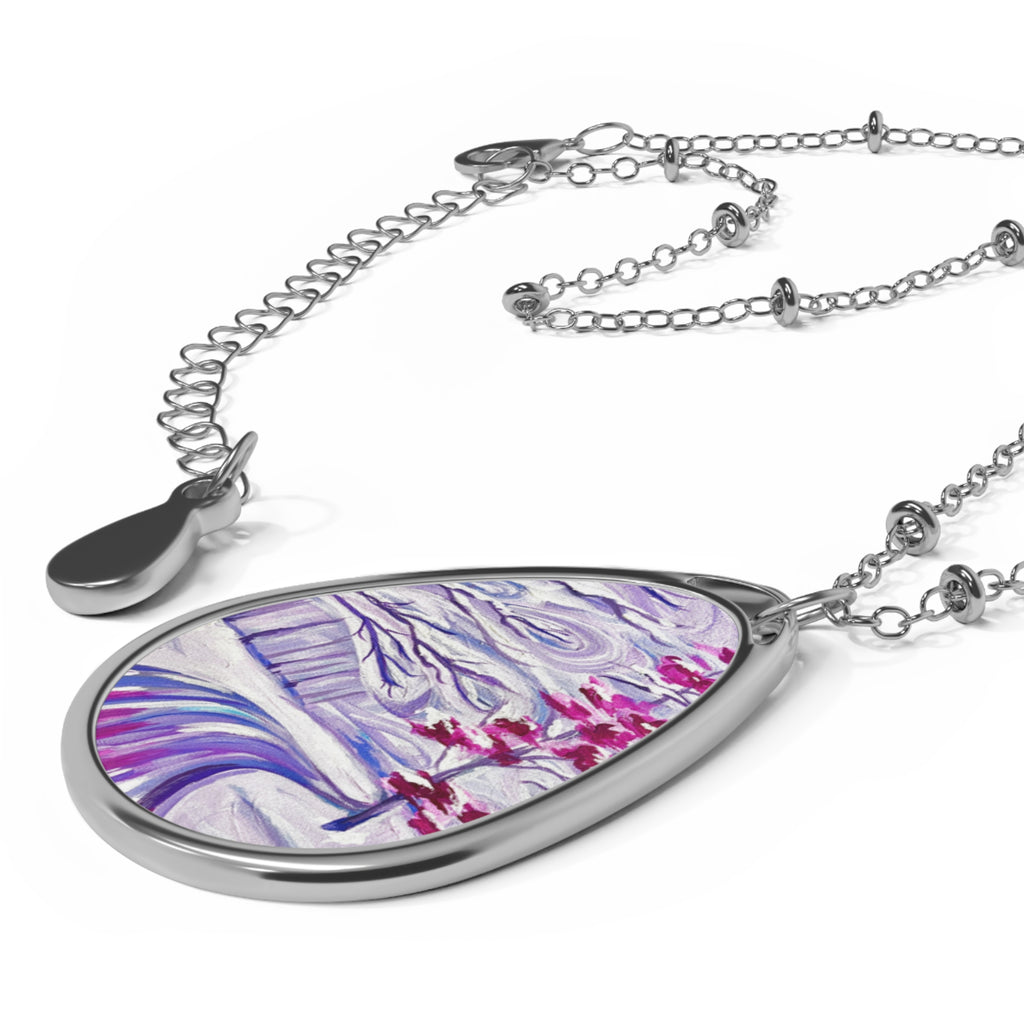Oval Pendant Necklace — Purple Winter Landscape Teardrop Necklace