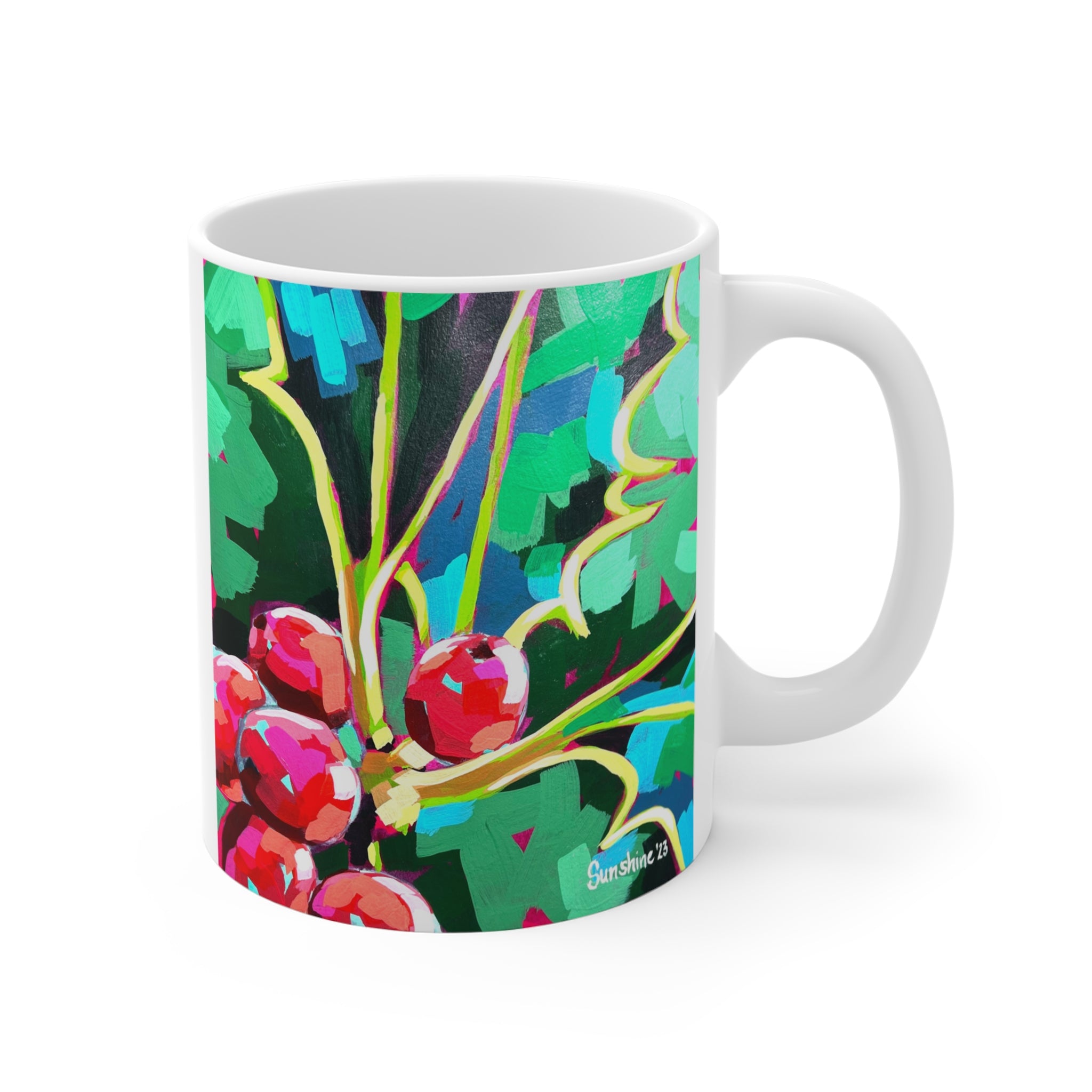 Holiday Holly Ceramic Mug 11oz — Festive Red Berries & Green Leaves Coffee Cup