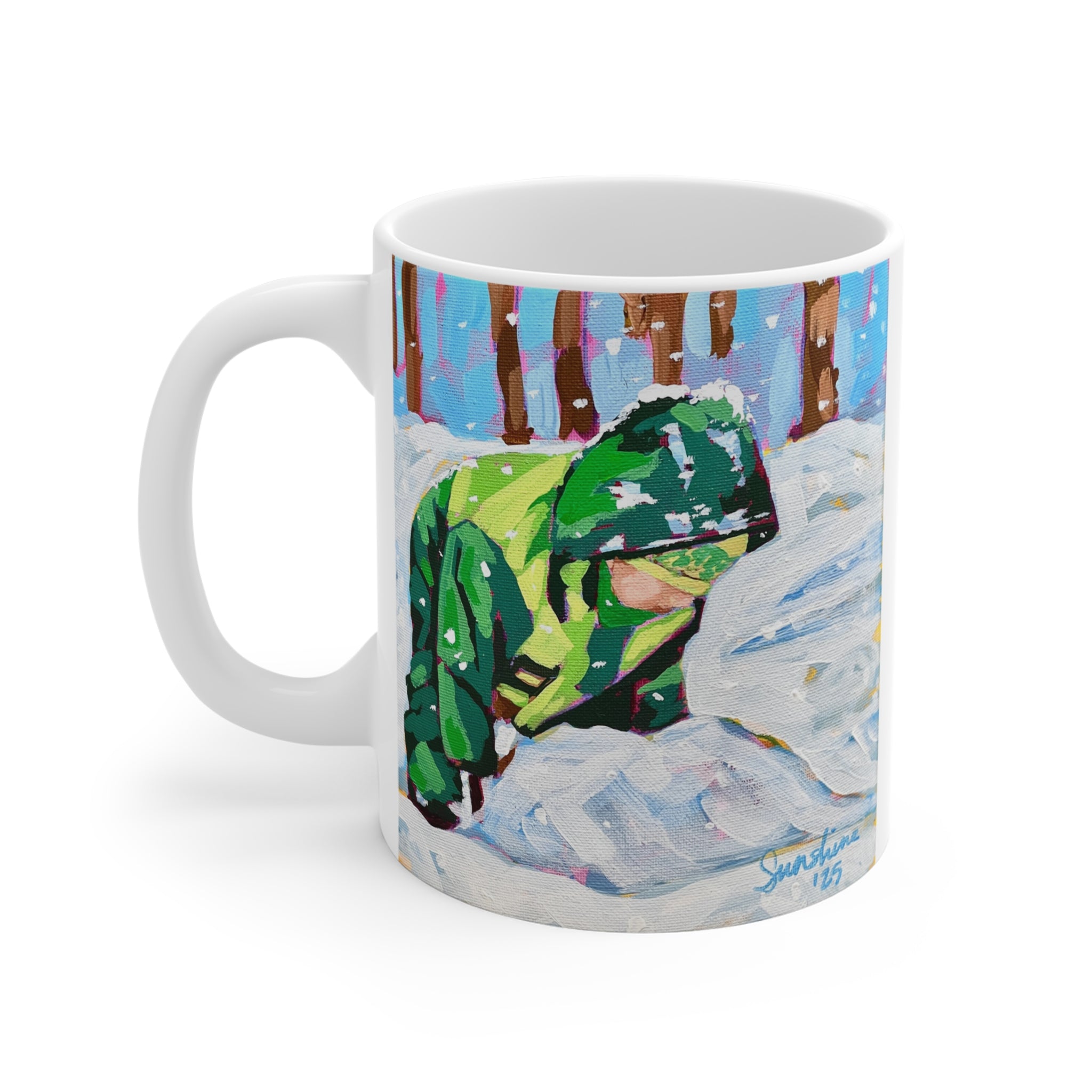 Child Playing in Snow Mug | Winter Scene, Snowy Forest Illustration