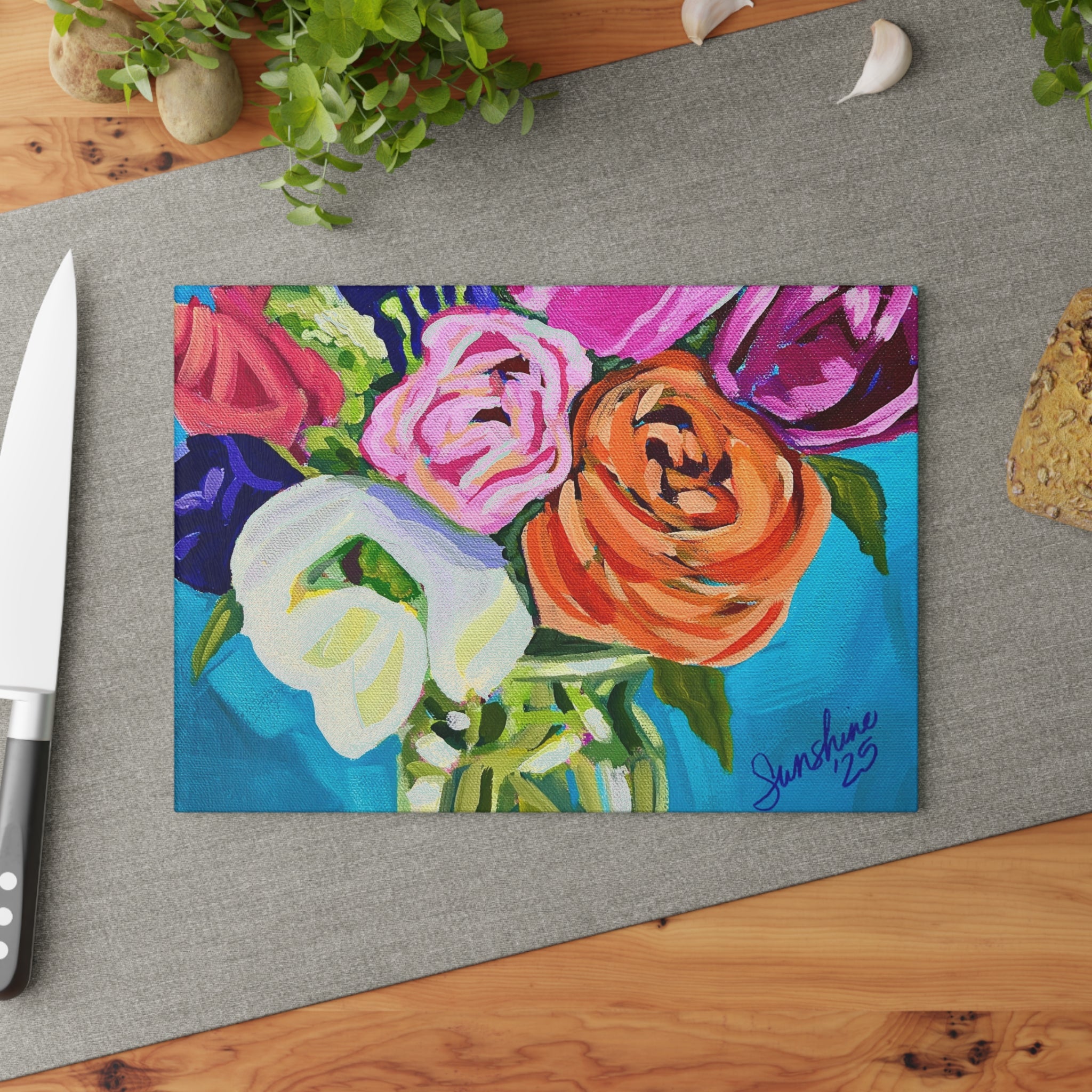 Bright Floral Bouquet Glass Cutting Board | Colorful Flower Kitchen Decor