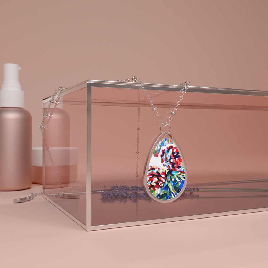 Snowy Pinecones Oval Pendant Necklace — Colorful Winter Teardrop Locket