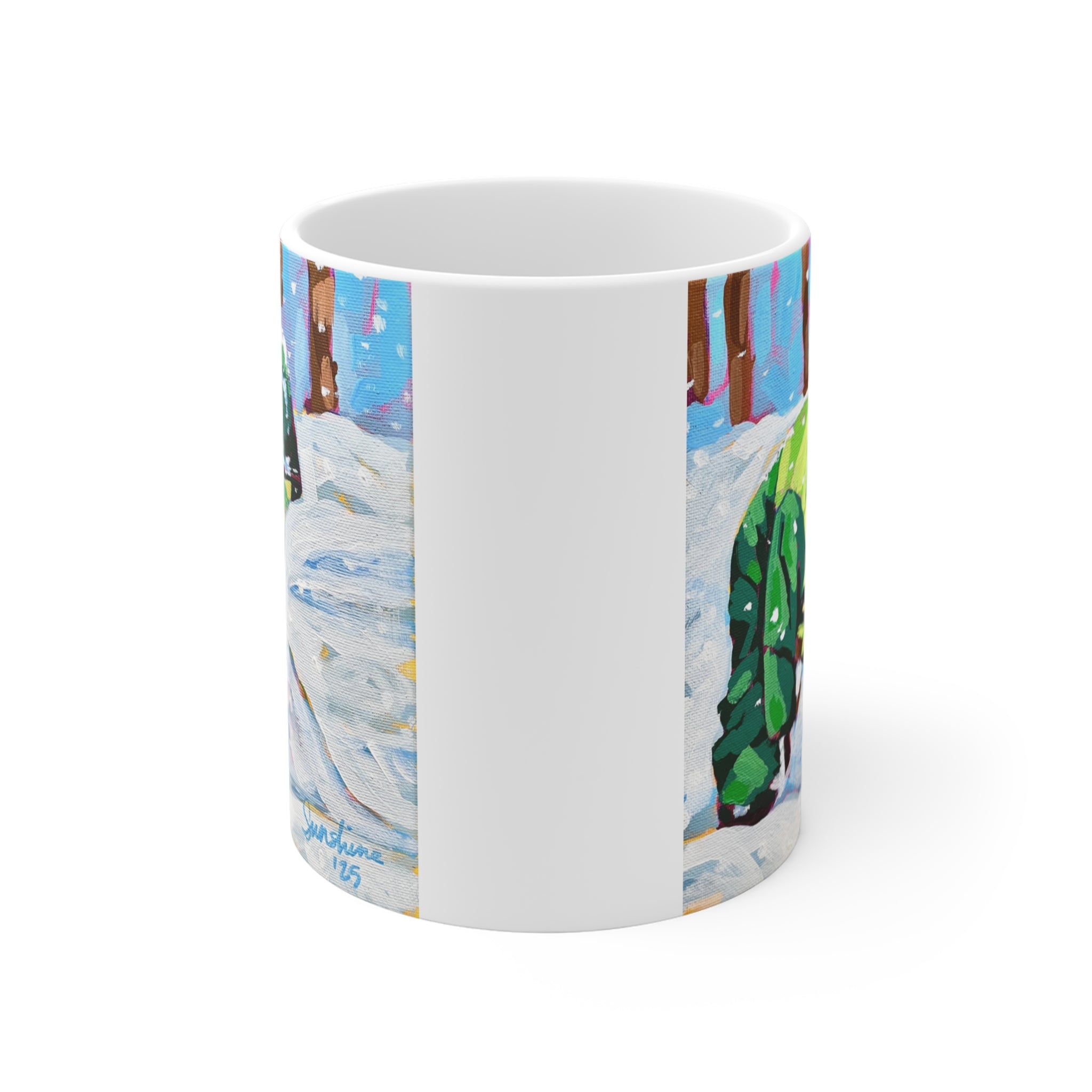 Child Playing in Snow Mug | Winter Scene, Snowy Forest Illustration