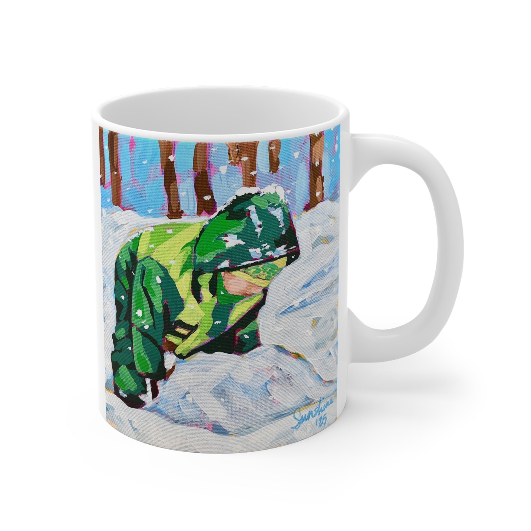 Child Playing in Snow Mug | Winter Scene, Snowy Forest Illustration