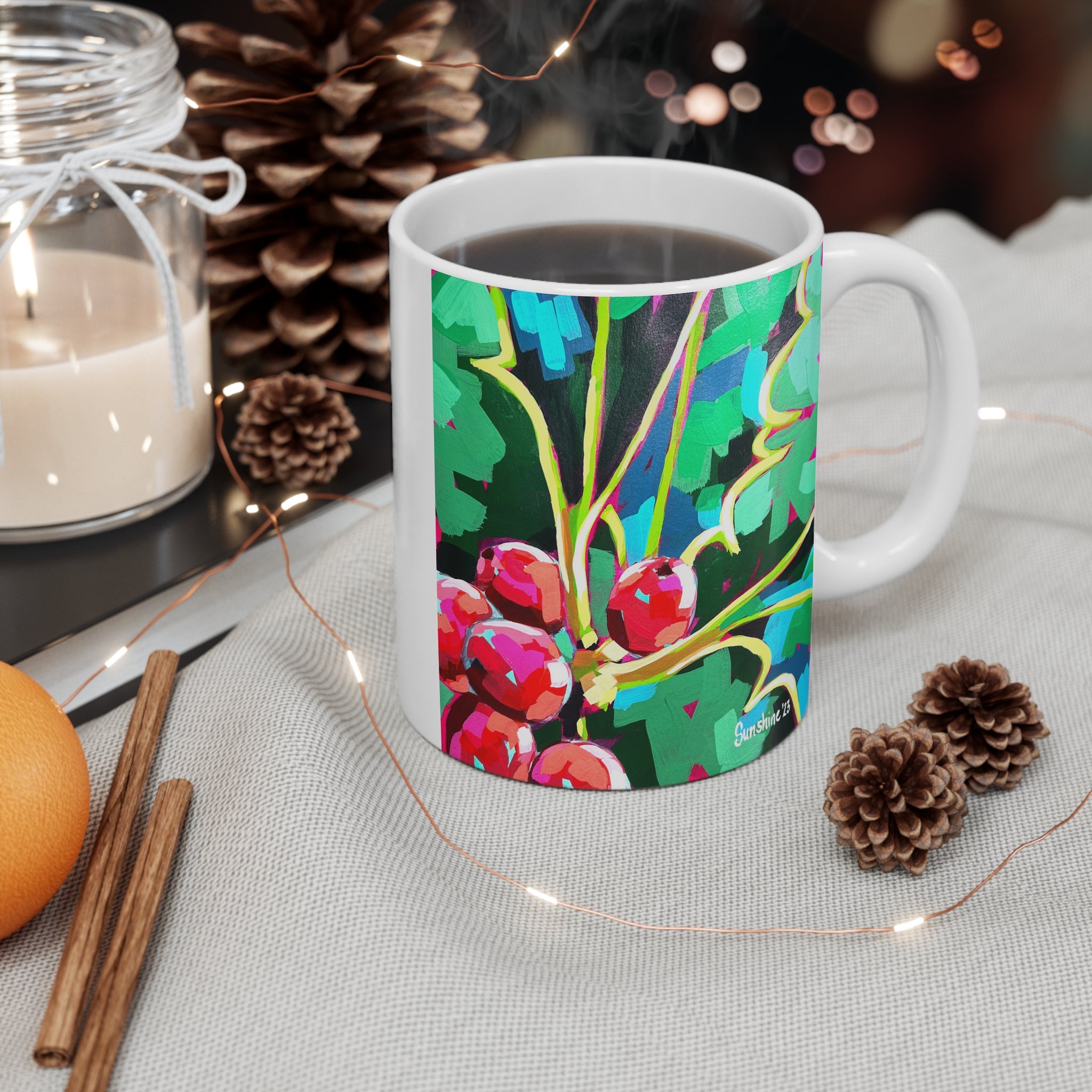 Holiday Holly Ceramic Mug 11oz — Festive Red Berries & Green Leaves Coffee Cup