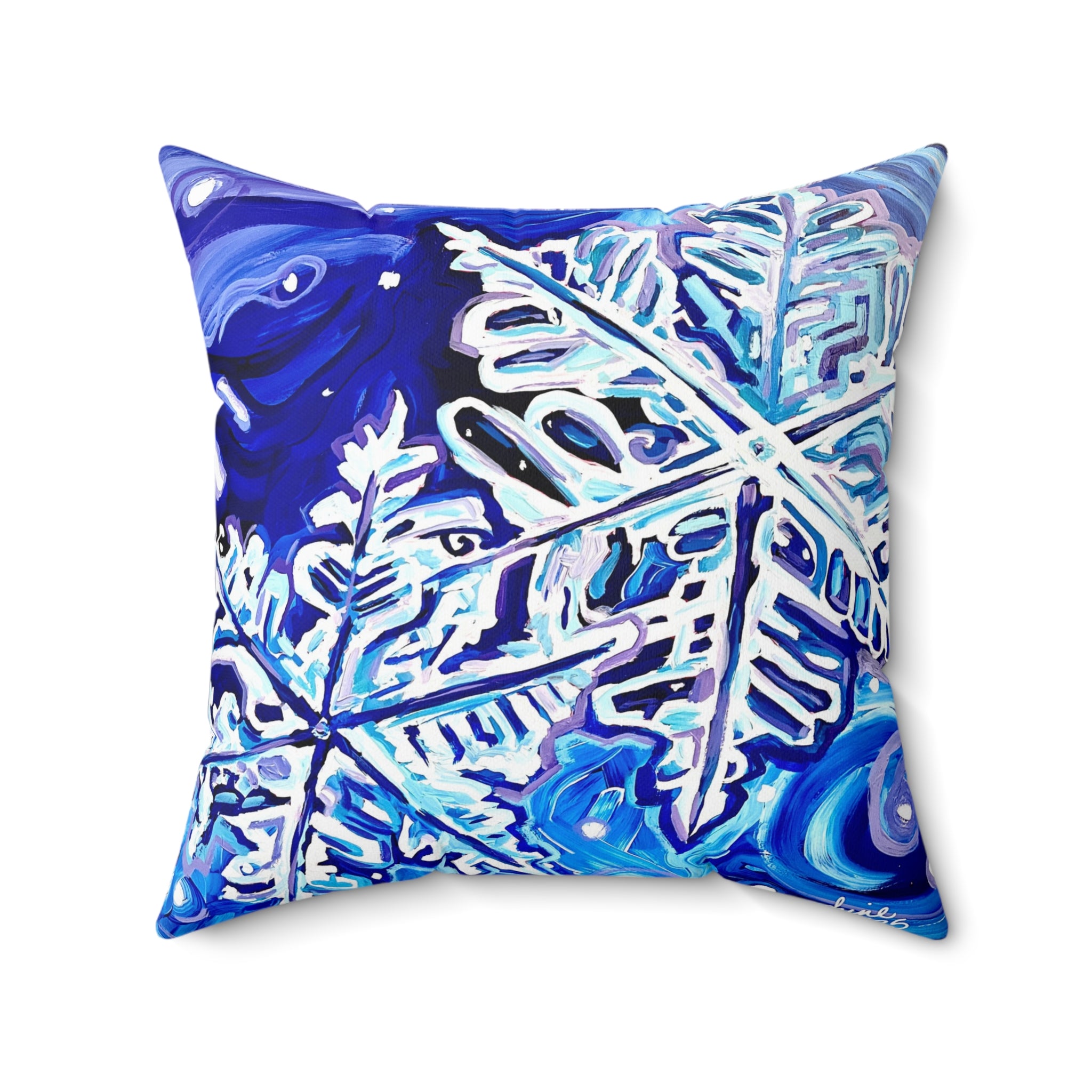 Blue Snowflake Pillow | Winter Snow Crystal Decorative Pillow