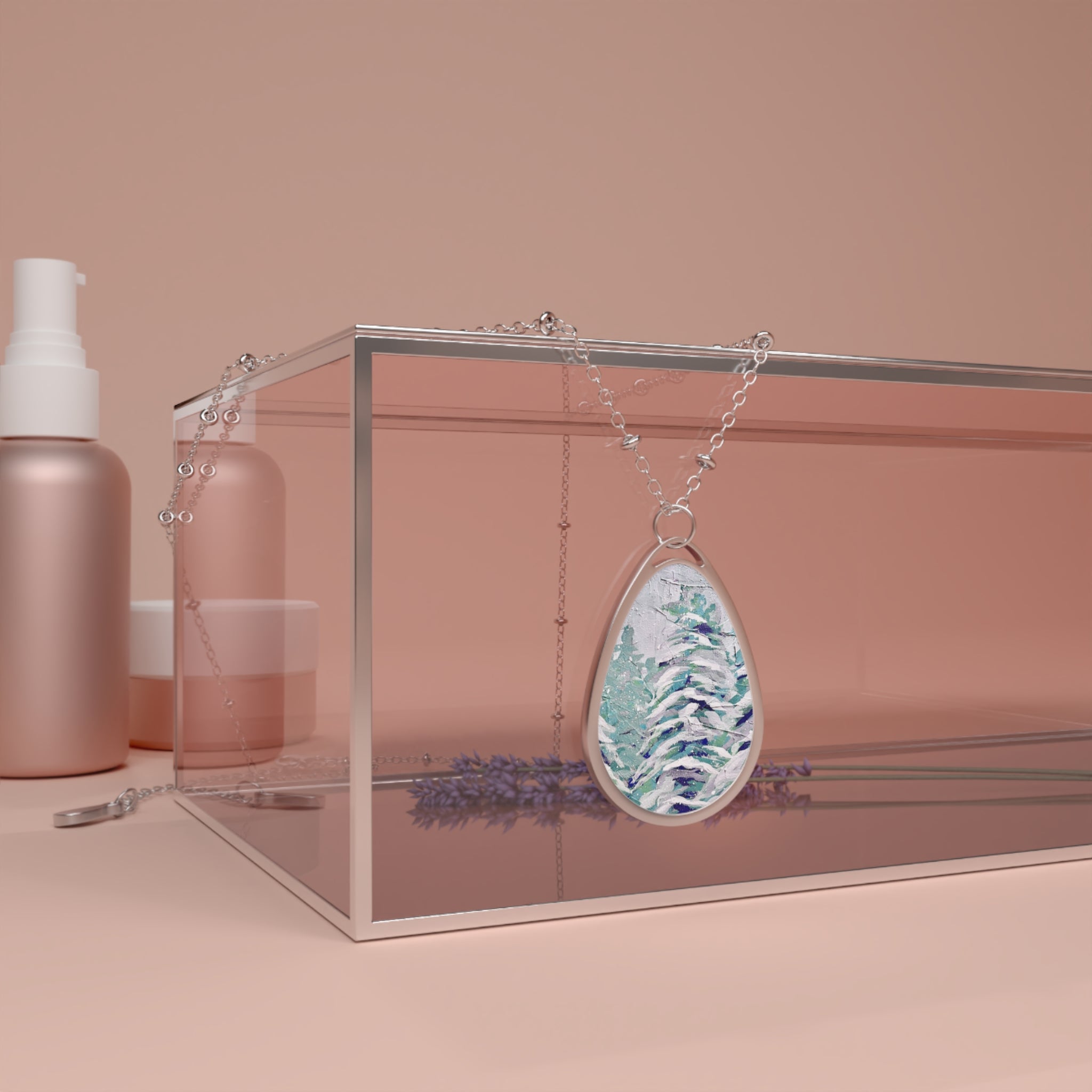 Silver Oval Pendant Necklace with Painted Pine Forest Art