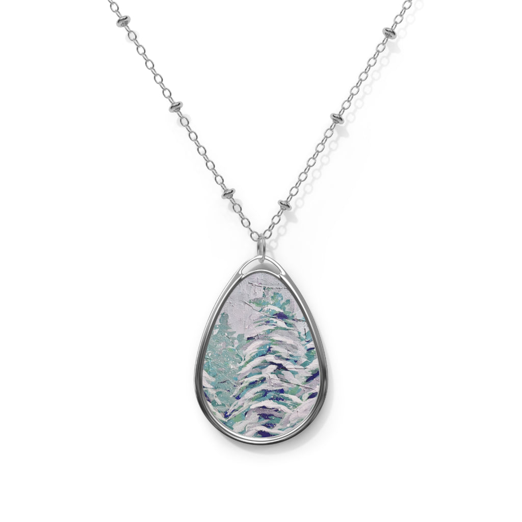 Silver Oval Pendant Necklace with Painted Pine Forest Art