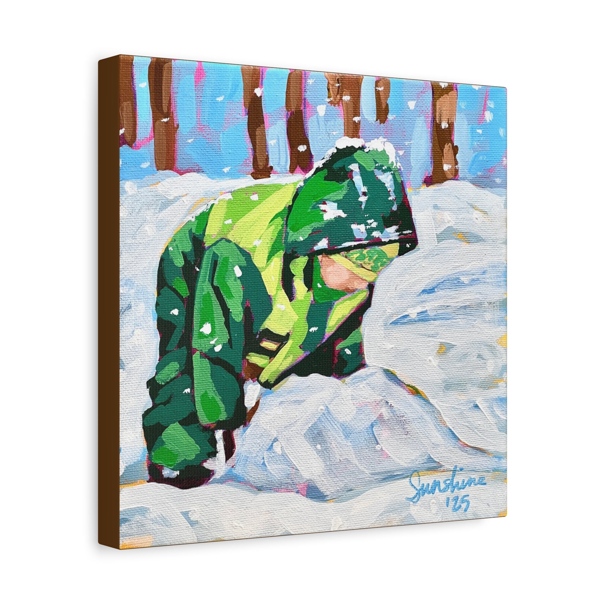 Child in Green Coat Playing in Snow Print on Canvas