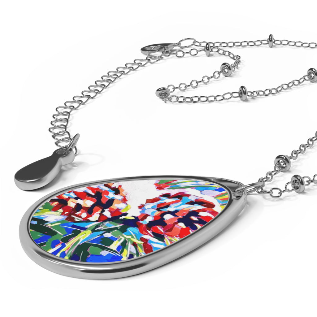 Snowy Pinecones Oval Pendant Necklace — Colorful Winter Teardrop Locket