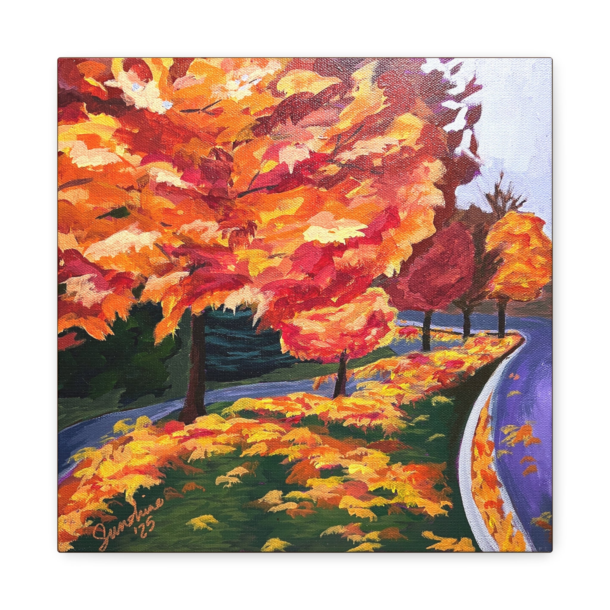 Autumn Lane Print on Canvas — Vibrant Fall Trees Stretched Wall Decor