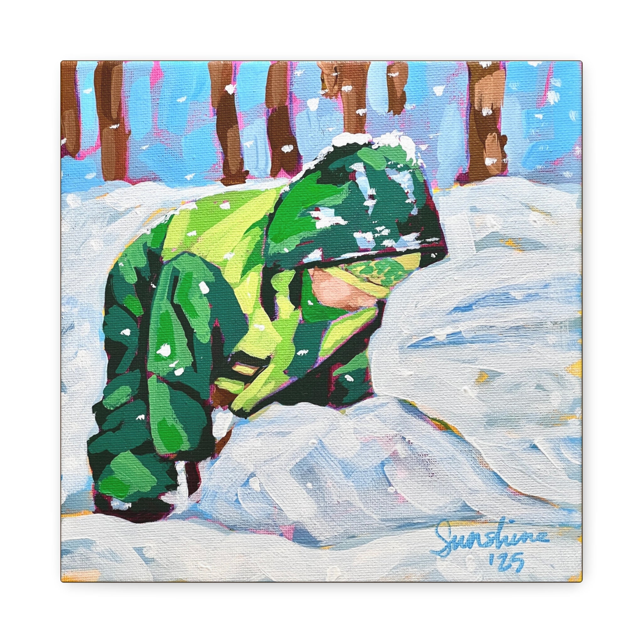 Child in Green Coat Playing in Snow Print on Canvas
