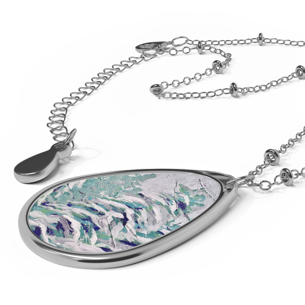 Silver Oval Pendant Necklace with Painted Pine Forest Art